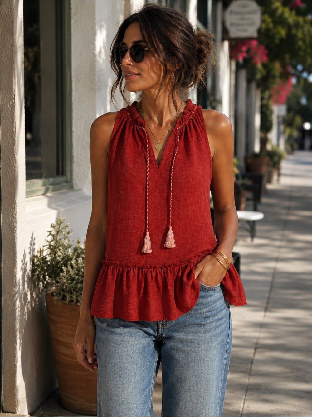 Max Studio Red Peplum Top Tassel Tie Sleeveless Blouse Boho Textured Large